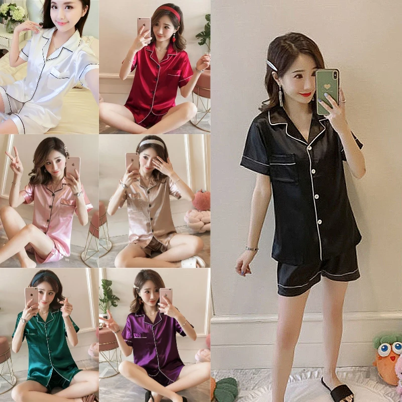 2PCS/Set Plus Size Women Pajamas Simple Solid Buttons Cardigan Short-Sleeved Shorts Homewear Thin Section Ladies Fashion Outside