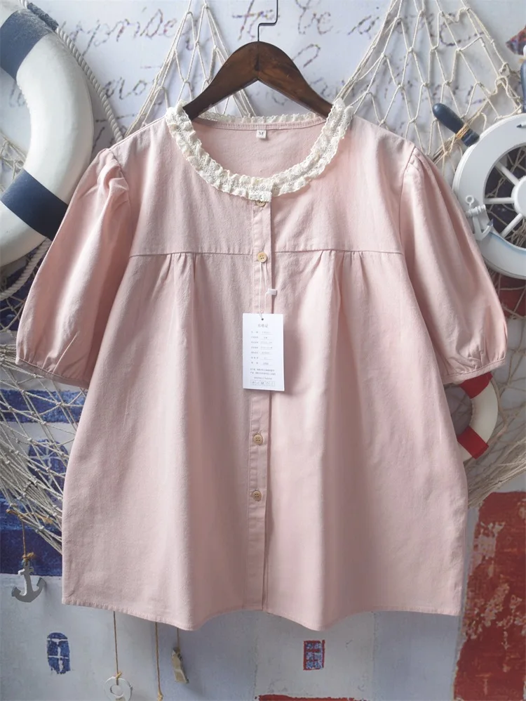 New Summer 100% Cotton Short Sleeve Shirt Round Collar Ruched Tops Mori Girl Casual Sweet Loose Blouse 2024 Autumn T46702QM