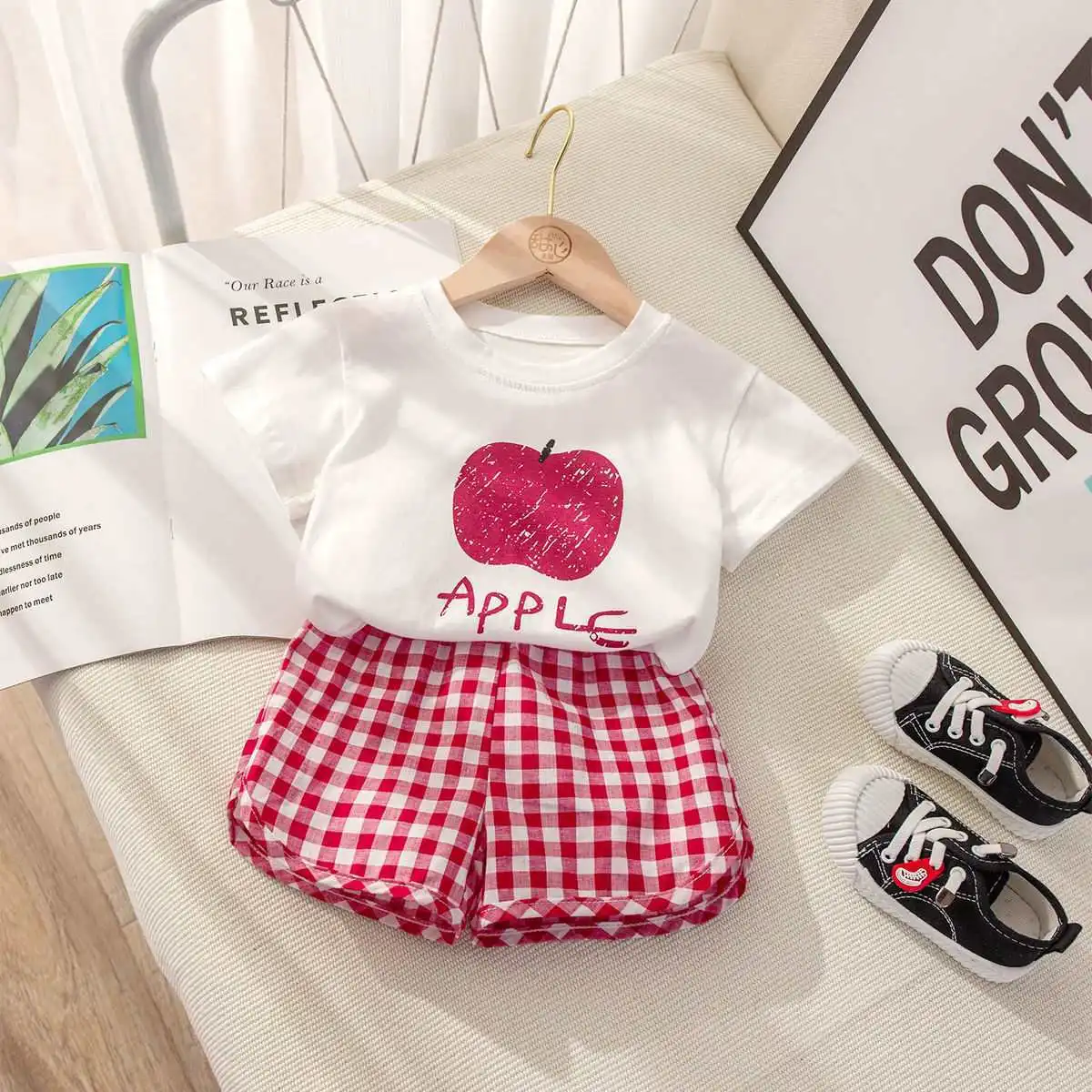 Children's Sets 2-piece Short-sleeved Round Neck Top+plaid Shorts Fruit Lemon Grape Cartoon Design Outer Wear Casual Summer image 3