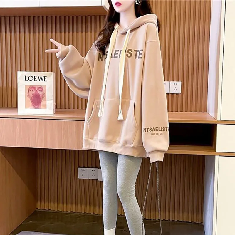 

Plush Thicken Warm Simple Hooded Hoodies 2023 New Autumn Winter Fashion Women Hoodies Printed Letter Loose Bat Sleeve Hoodies