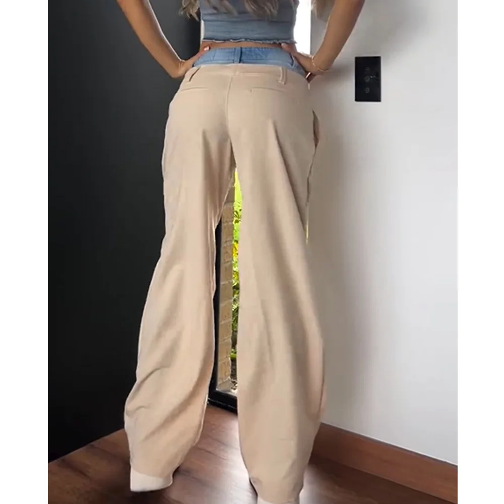 Unique Retro Colorblock Spliced Denim Pants For Women High Waist Patchwork Zipper Temperament Straight Pant Female Fashion Style