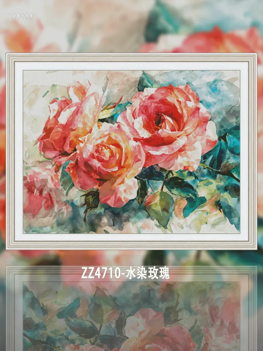 [ZZ4710-Water Dyed Rose] Stamped Cross Stitch Kit 14CT 16CT Pre Printed Canvas Cotton Threads DIY Embroidery for Home Wall Decor