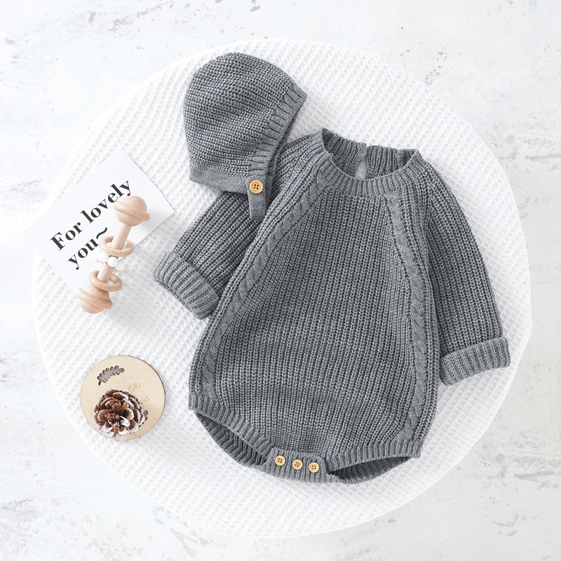 

Baby Bodysuit Knit Autumn Newborn Girl Boy Jumpsuit Outfits Long Sleeve Infant Kid Clothing Hat 0-18M 2PC Playsuit Warm Playsuit