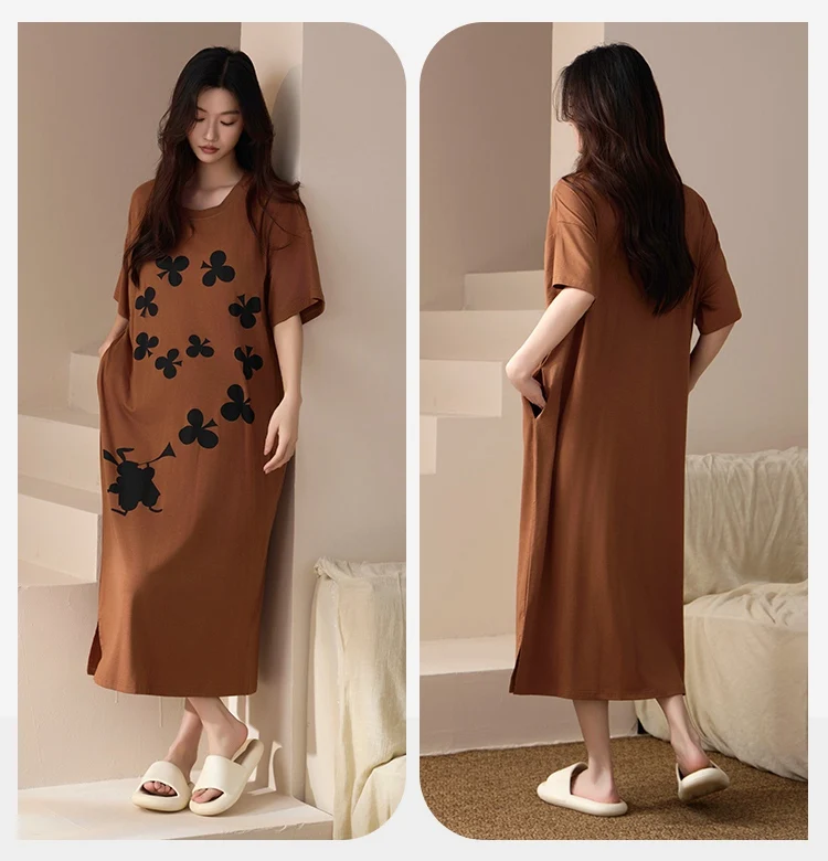 2024 Summer Short Sleeve Modal Print Nightgowns for Women Korean Loose Long Dress Sleepwear Nightdress Night Dress Home Nighty