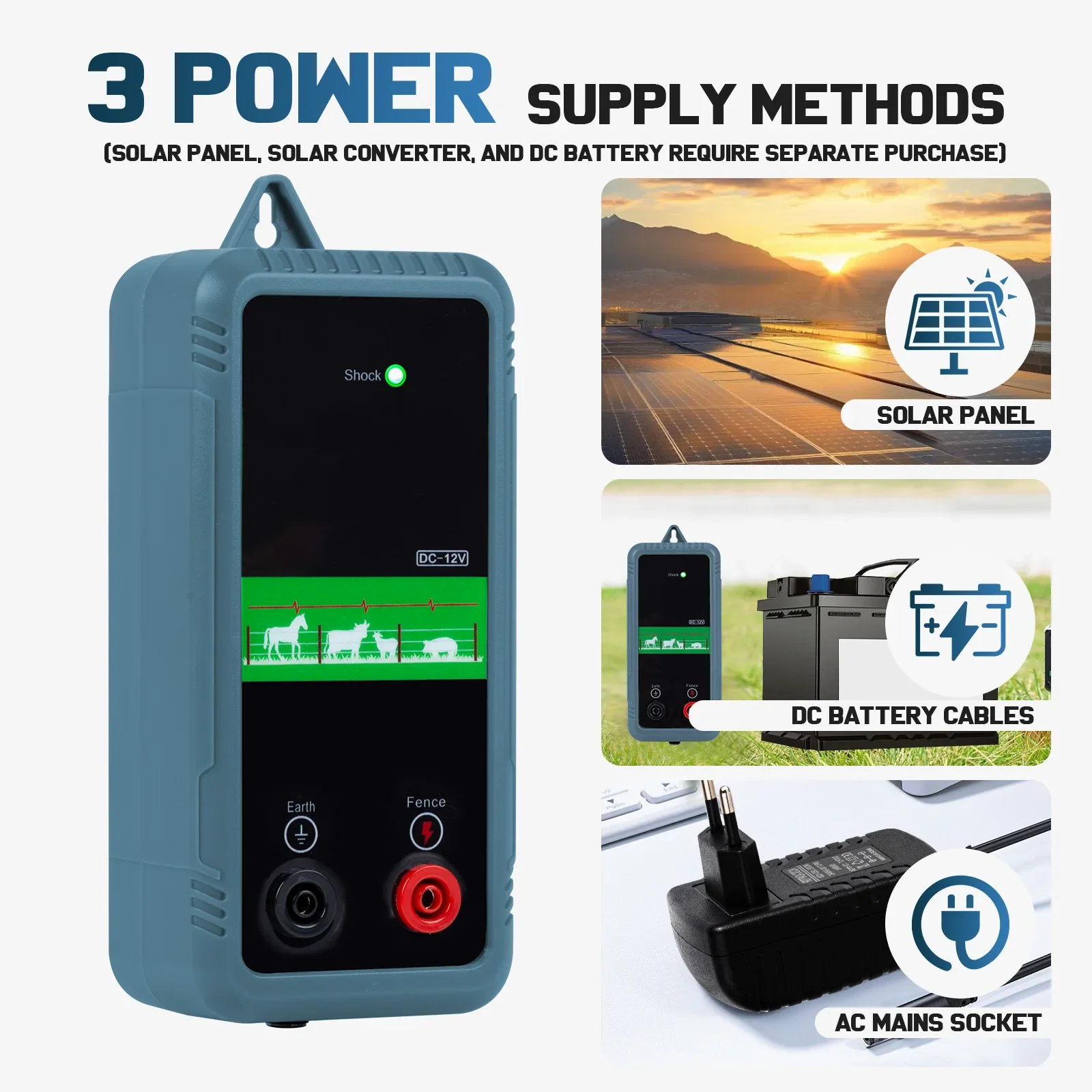 Electric Fence Energizer 1J 5KM Fence Charger  Portable Farm Controller Ac  Metal Garden Fence Fence Accessories