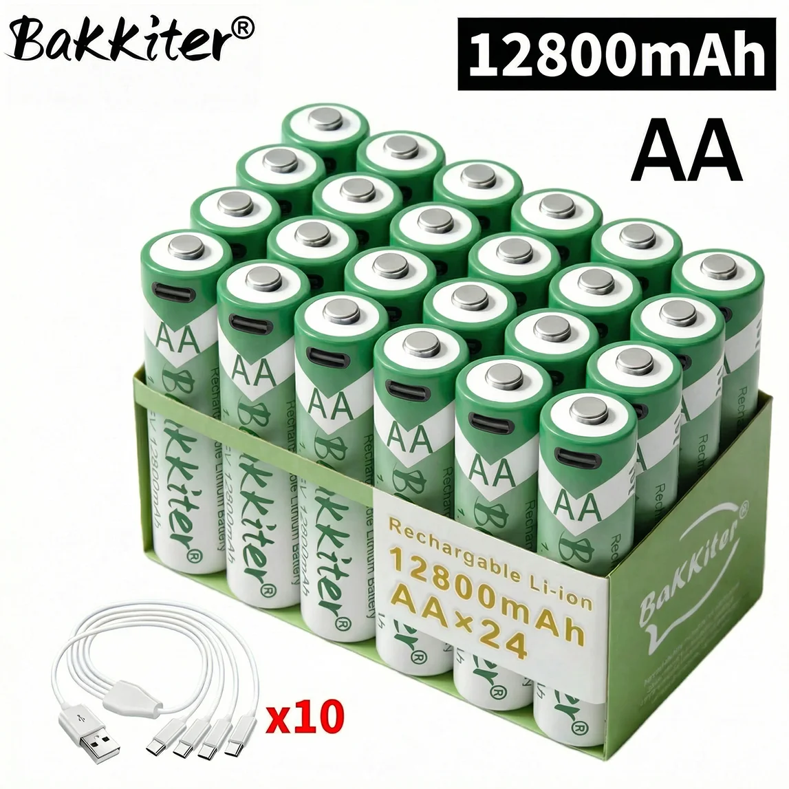 

BaKKiter 1.5V AA 12800mAh USB Rechargeable Lithium Battery , Fast Charging Li-ion AA Battery 2000Cycle with Typle- C Port Cables