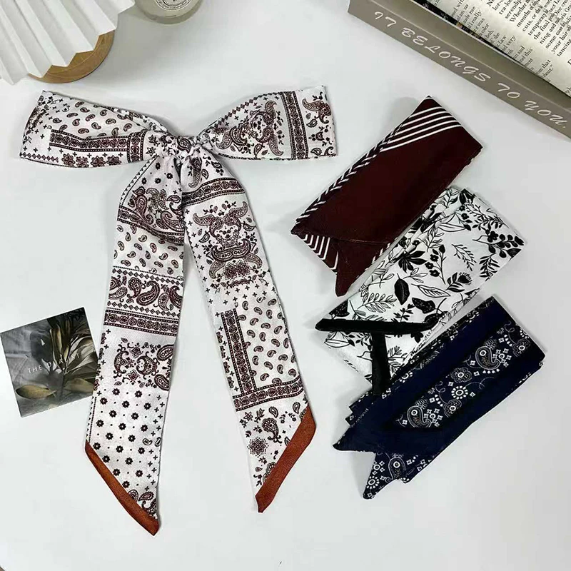 2025 New Arrival Luxury Women Summer Hair Skinny Silk Scarf Paisley Printing Lady Bag Tie Ribbon Foulard Kerchief Headband