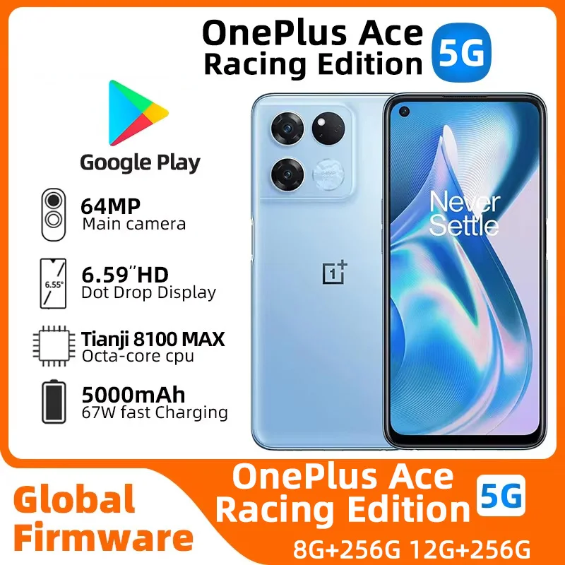 OnePlus Ace Racing Edition Multi Languages MTK Dimensity 8100 MAX 120Hz Display 5000mAh 67W SuperVooc Charge Android used phone