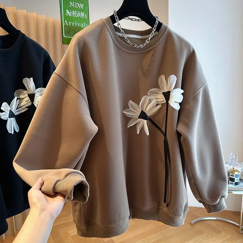 Women Clothing Streetwear Interior Lapping Autumn Winter Thin Fashion Loose Solid Color O-neck Long Sleeve Pullovers Sweatshirts