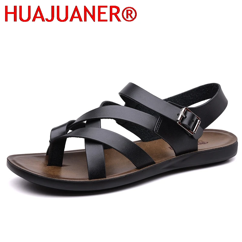 

Summer Rome Fashion New Men Gladiators Black Buckle Strap Patent Leather Casual Shoes Breathable Beach Sandals Outdoor Slippers