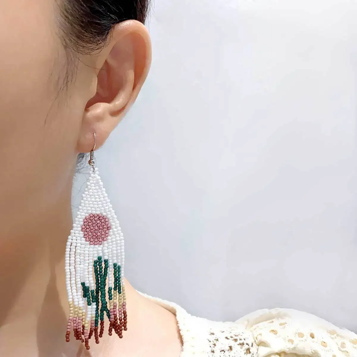 Beaded earrings Tassel Cactus Drawing table Hand knitting Bohemia Alloy Originality Fashion Simple Rice bead earrings