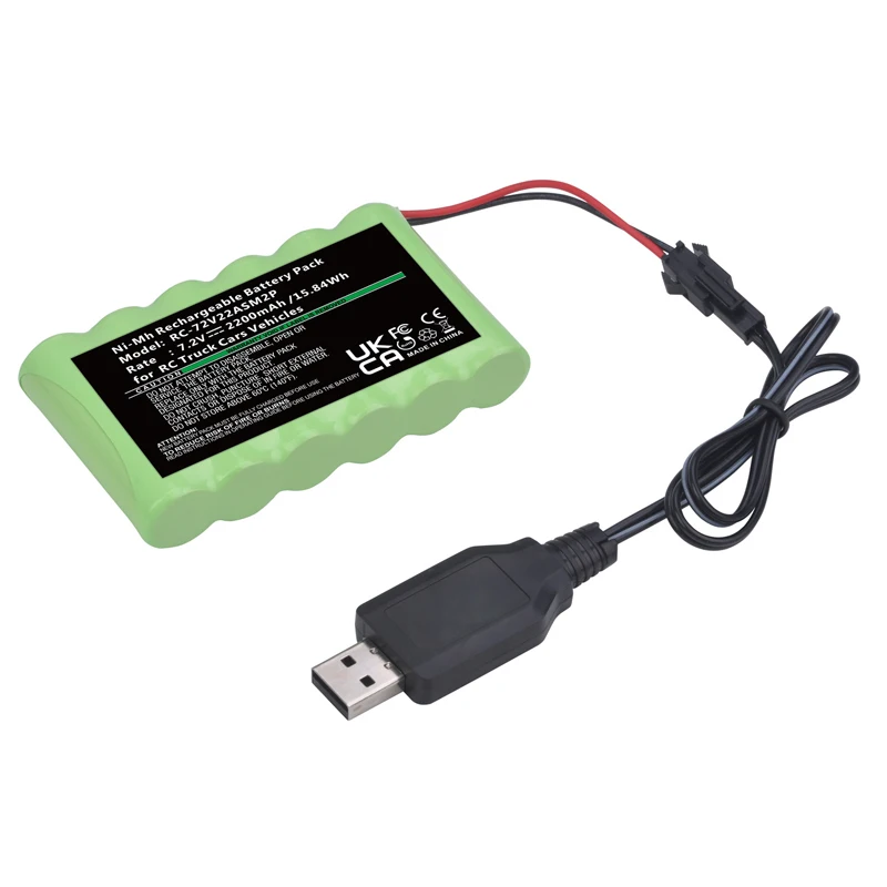 Brand New 7.2V 6x AA 2200mah Ni-MH Rechargeable Battery Pack with USB Charging Cable for RC Trucks Cars Vehicles with SM-2P Plug