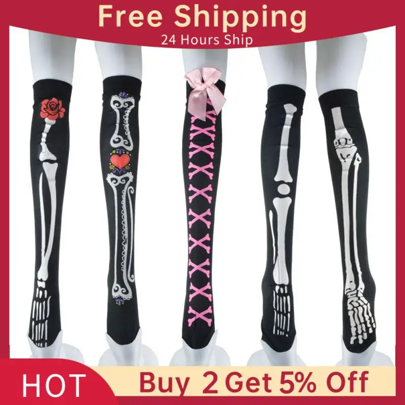 1/2Pairs Halloween Knee High Long Socks For Women Girls Halloween Prom Party Skeleton Blood Print Socks Funny Thin Stockings