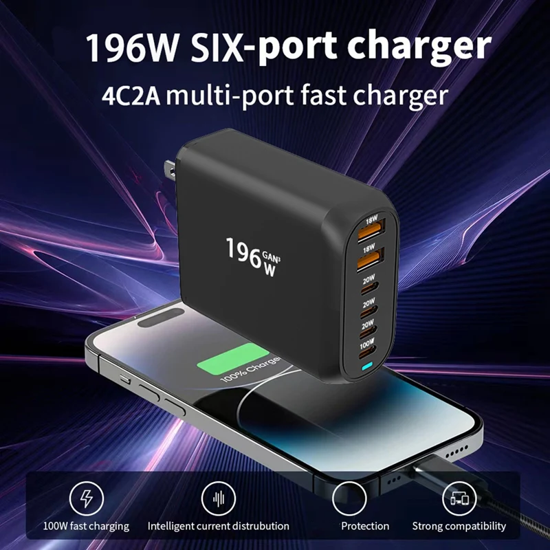 196 W USB C Gan Ladegerät PD 100 W Schnelllade-Netzteil 6 Ports für Ipad Pro iPhone Galaxy Huawei