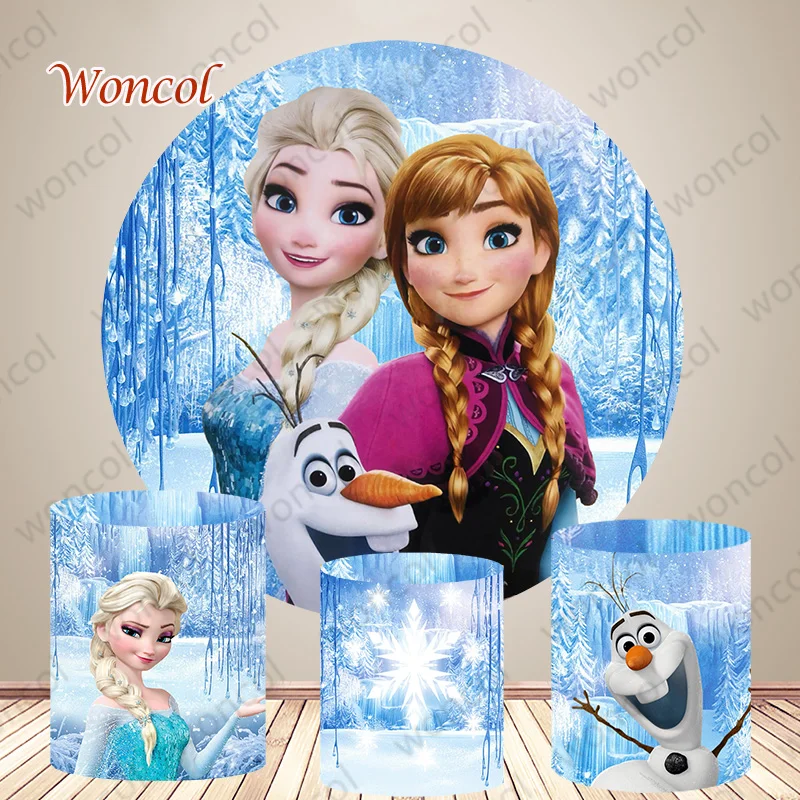 

Frozen Elsa Anna Round Backdrop Girls Birthday Baby Shower Backdrop Frozen Elsa Olaf Cylinder Cover Decorations Photocall Props