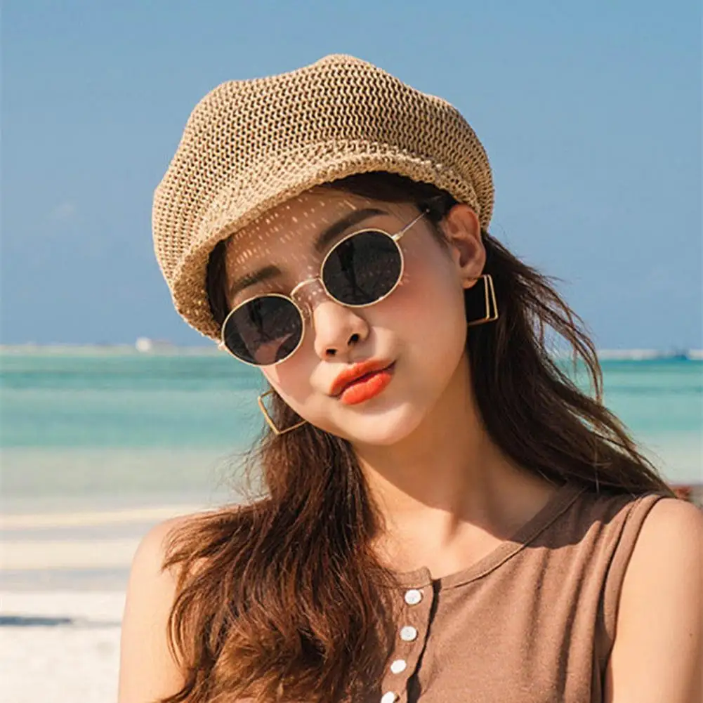 Women Sunhat Sun Summer Octagon Hat Breathable Hollow Out Lady Straw Hat Solid Color Short Brim Anti UV Hat