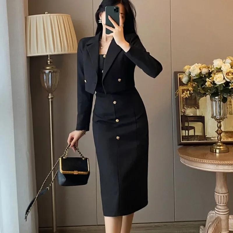 

Woman Outfit Office Dress Suits Midi Black 2 Pieces Sets For Women Jacket Korean Style Promotion Summer Clothes Full JJ220