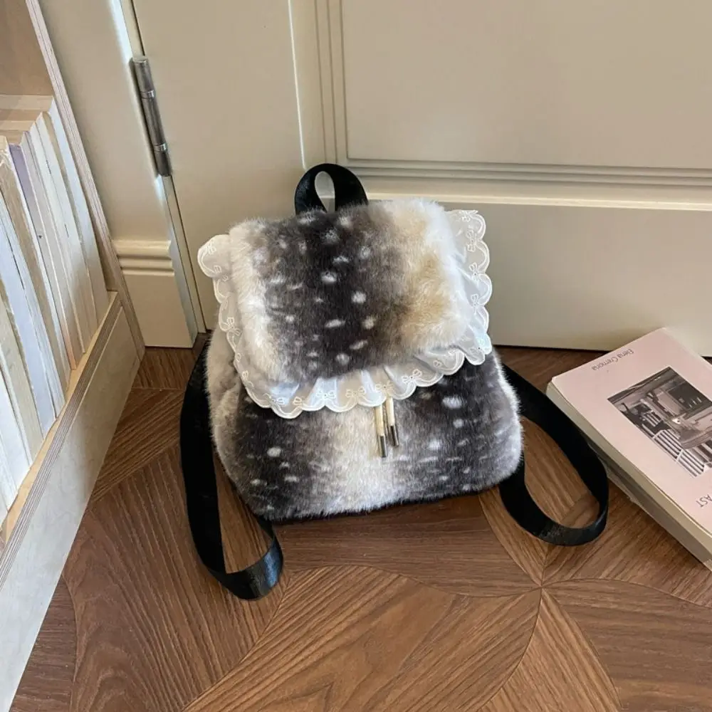 Casual Leopard Print Fluffy Shoulder Bag Deer Spot Warm Faux Fur Backpack Large Capacity Cute Backpack Dating