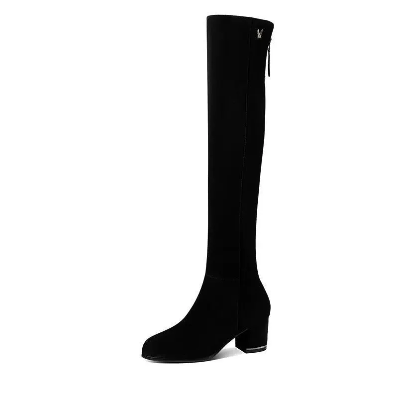 Thick heel women's long boots high heel velvet leather over the knee deceny fashion 2025 new winter adult warm zip boot Beianji