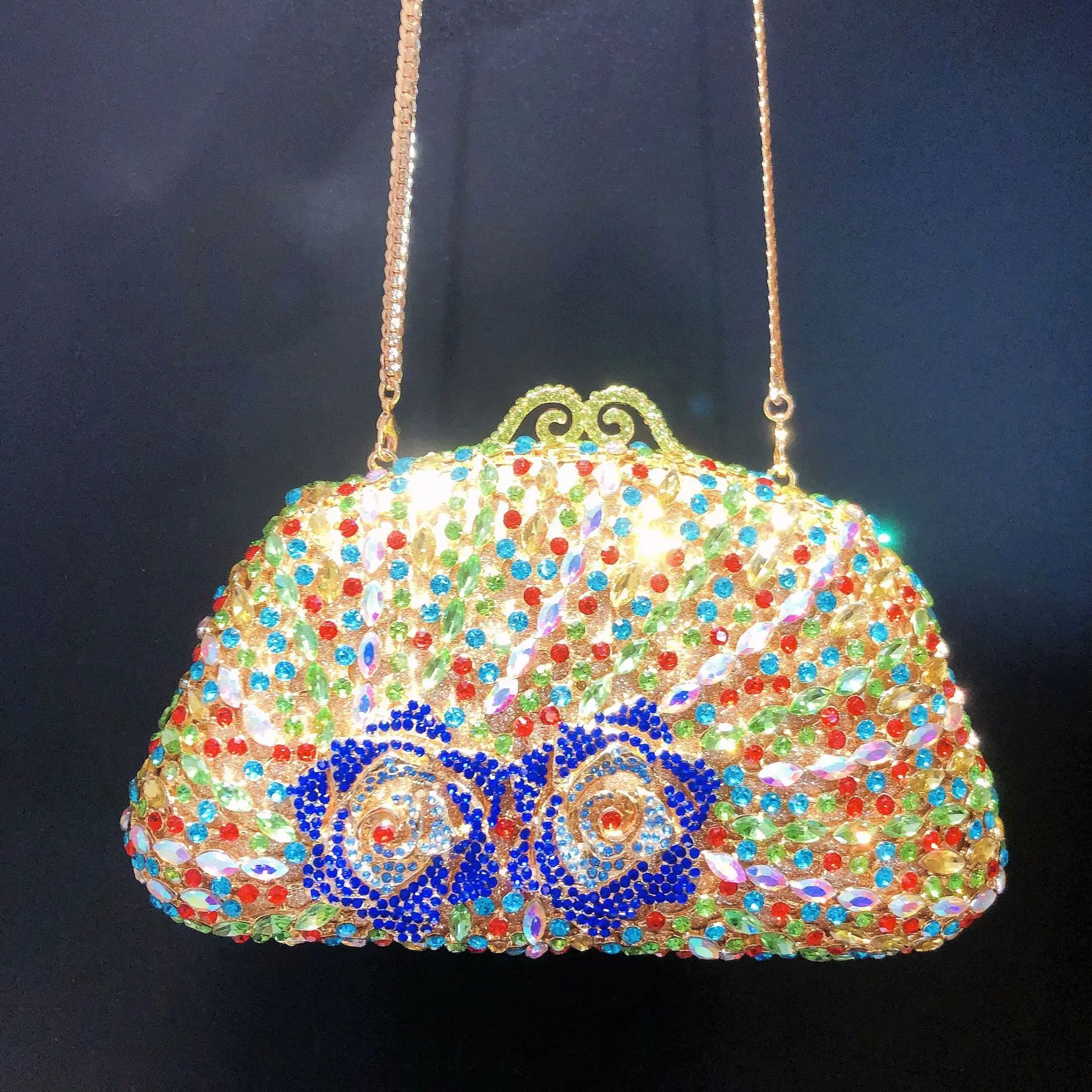 

D-shaped Rose Diamond Dinner Bag Hollow Metal Full Diamond Clutch Banquet Celebrity High-end Clutch Bag Sac De Marque Luxe Femme