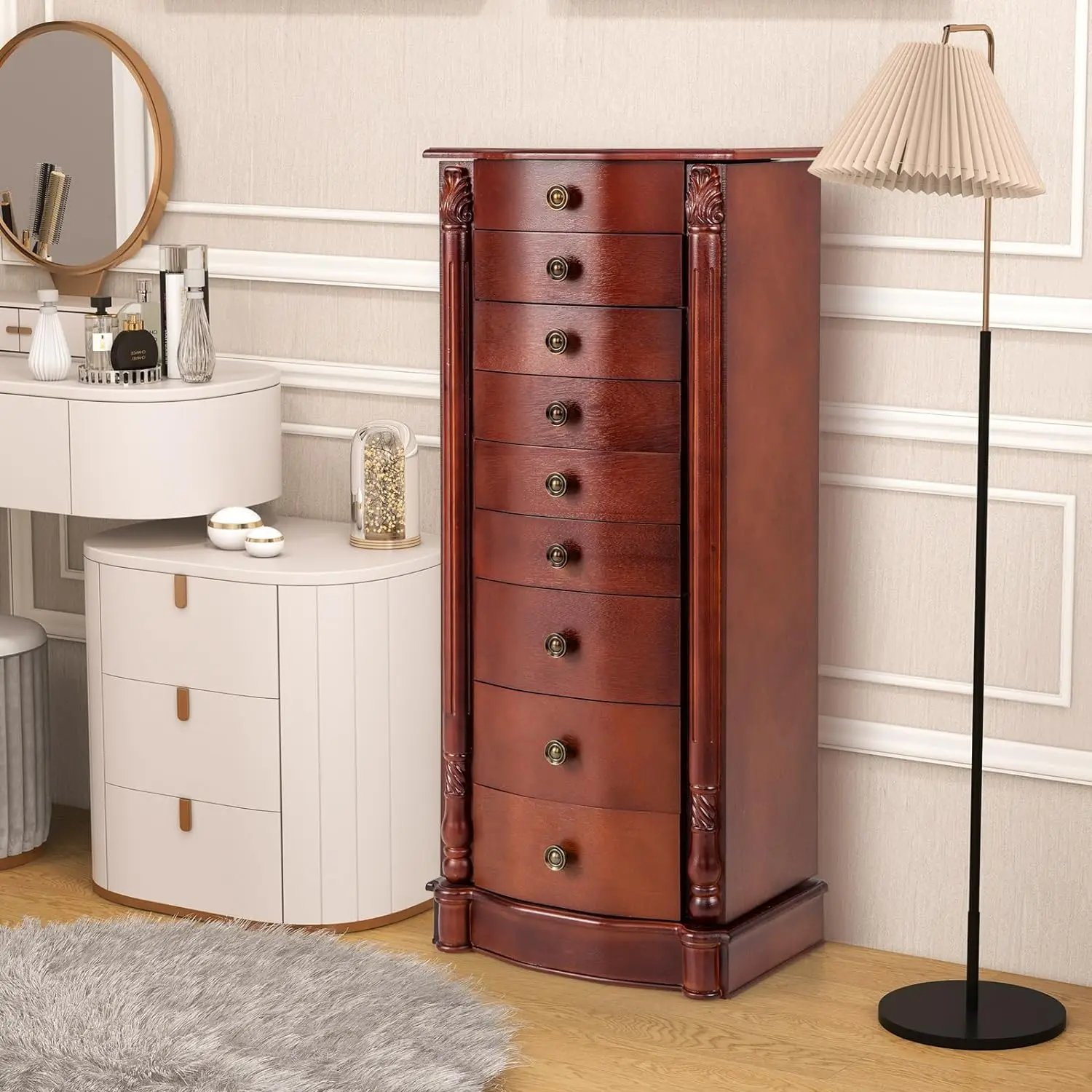 Giantex Large Jewelry Armoire Cabinet With 8 Drawers & 2 Swing Doors 16 Hooks Top Mirror Boxes, Standing Cambered Front Storage