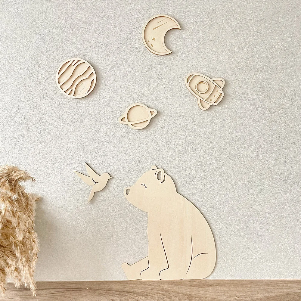 

Ins Nordic Universe Starry Sky Theme Room Layout Decoration Planet Moon Wooden Wall Stickers Baby Room Decor
