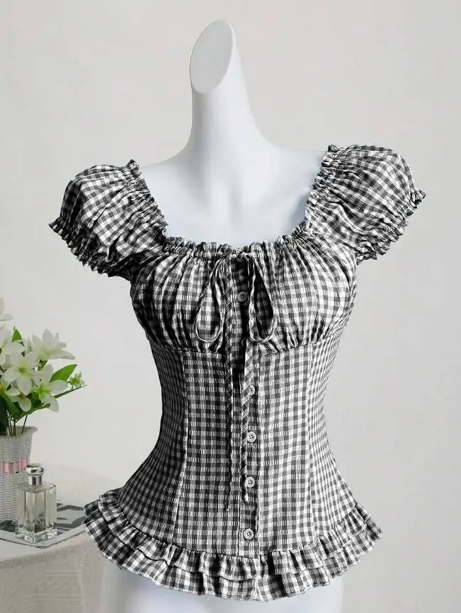 Square-neck puffed sleeve tie bow check mini shirt blue checkered waist-cinching and slimming versatile top for summer Y2K