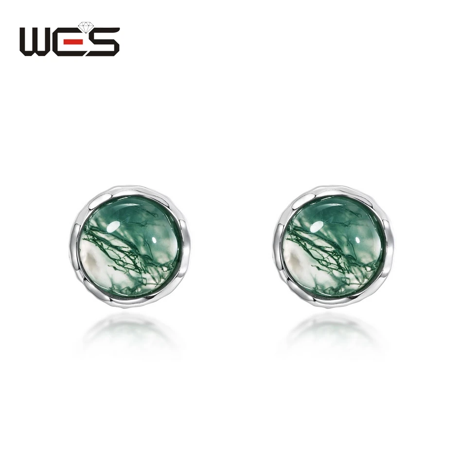 WES 925 Sterling Silver Stud Earrings for Woman Natural Moss Agate 8*8mm Fashion Valentine Anniversary Gift Certified Jewelry