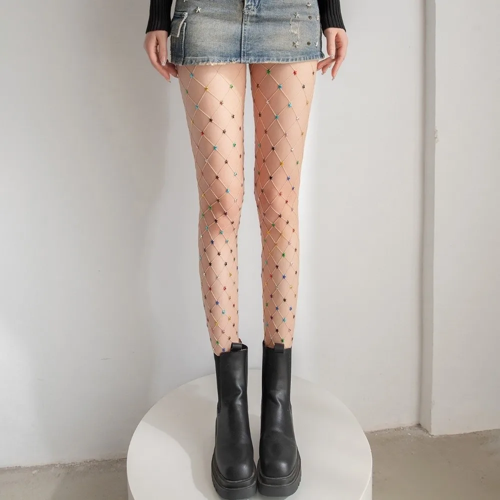 Y2K Colorful Fishnet Stockings Rainbow Large Mesh Rhinestone Star Pantyhose Dopamine Hot Girl Style See-through Tights Dance