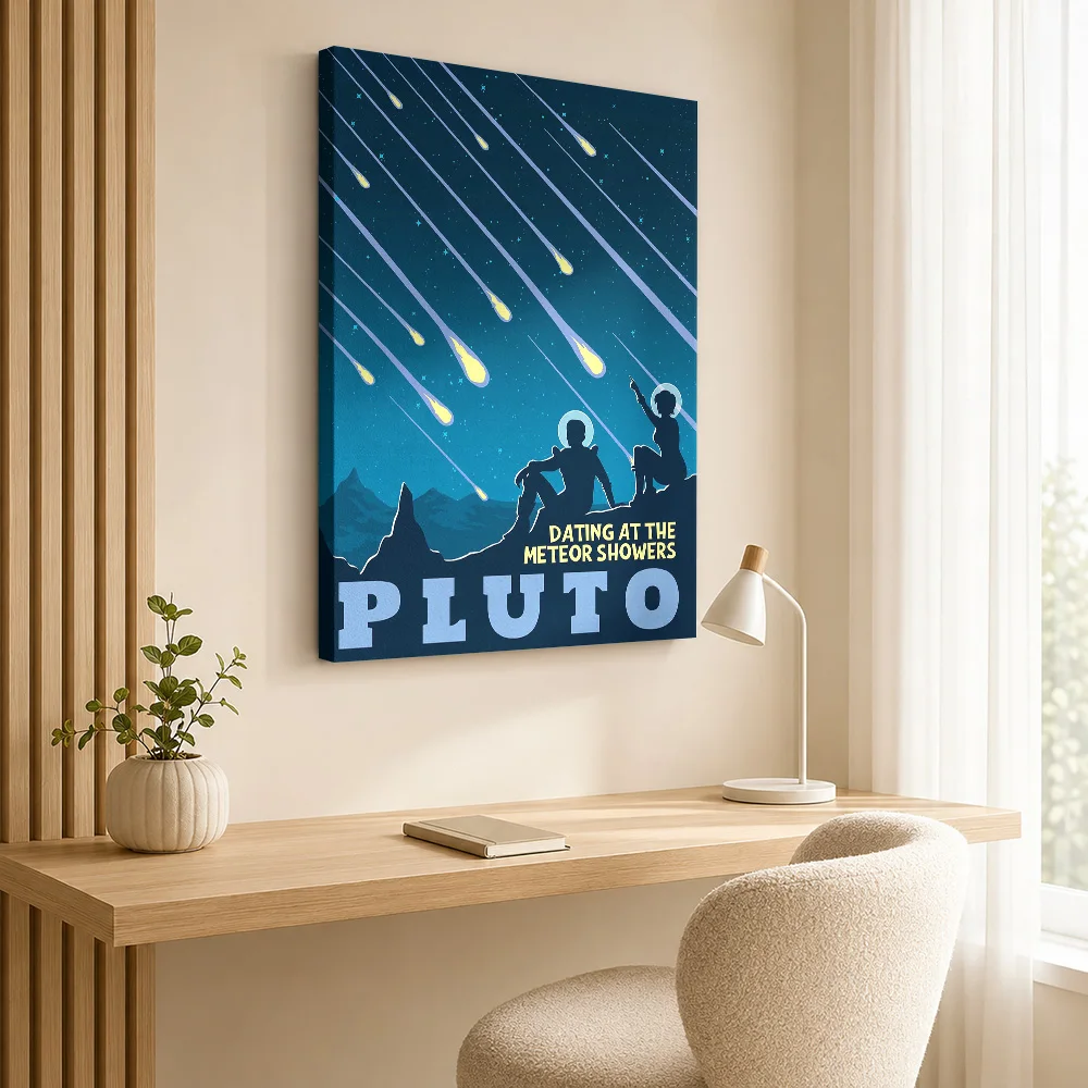 Pluto Meteor Shower Travel Scene Canvas Print Customized Photo Illustrated Wall Art For Science Classroom, Astronomy Fan Gift