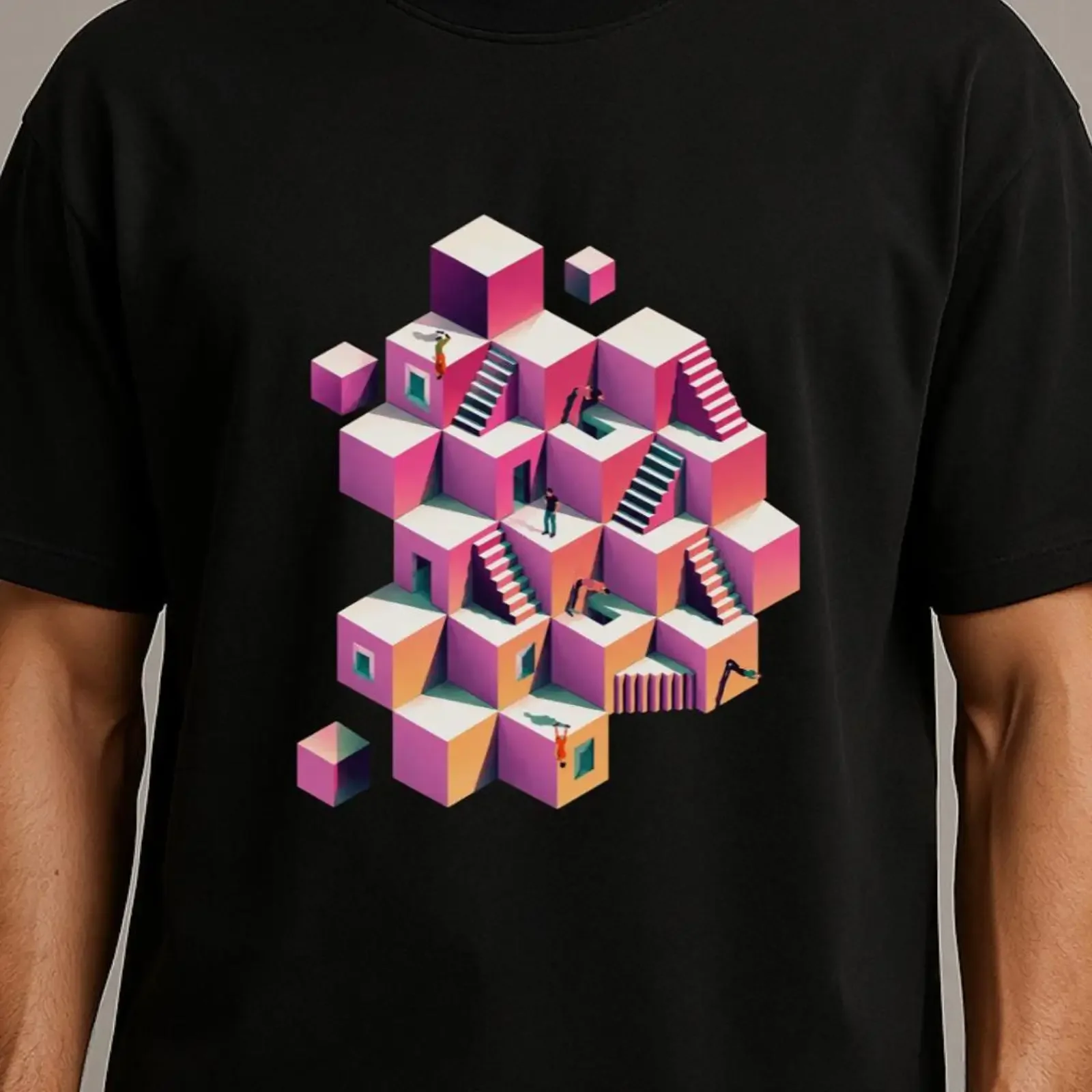 Optical Illusion T Shirt Surreal Isometric Staircase Art Mind Bending Geometric vintage Washed Breathable fashion Unisex
