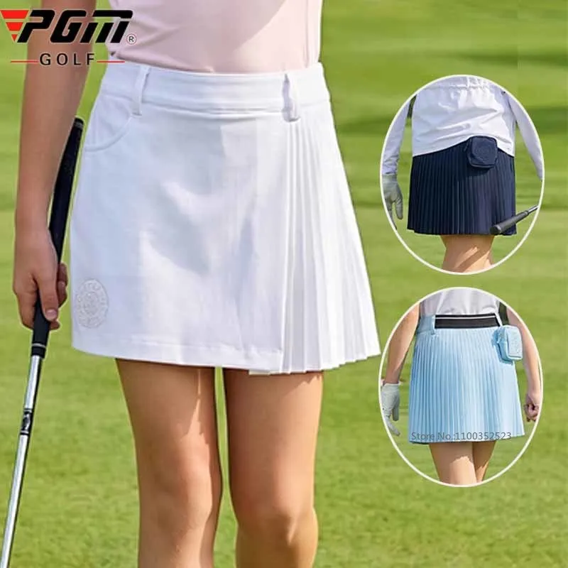 Pgm Girls Golf Pleated Skirts Children Elastic Waist A-Lined Tennis Skirt with Short Kids Breathable Golf Skort with Small Bag
