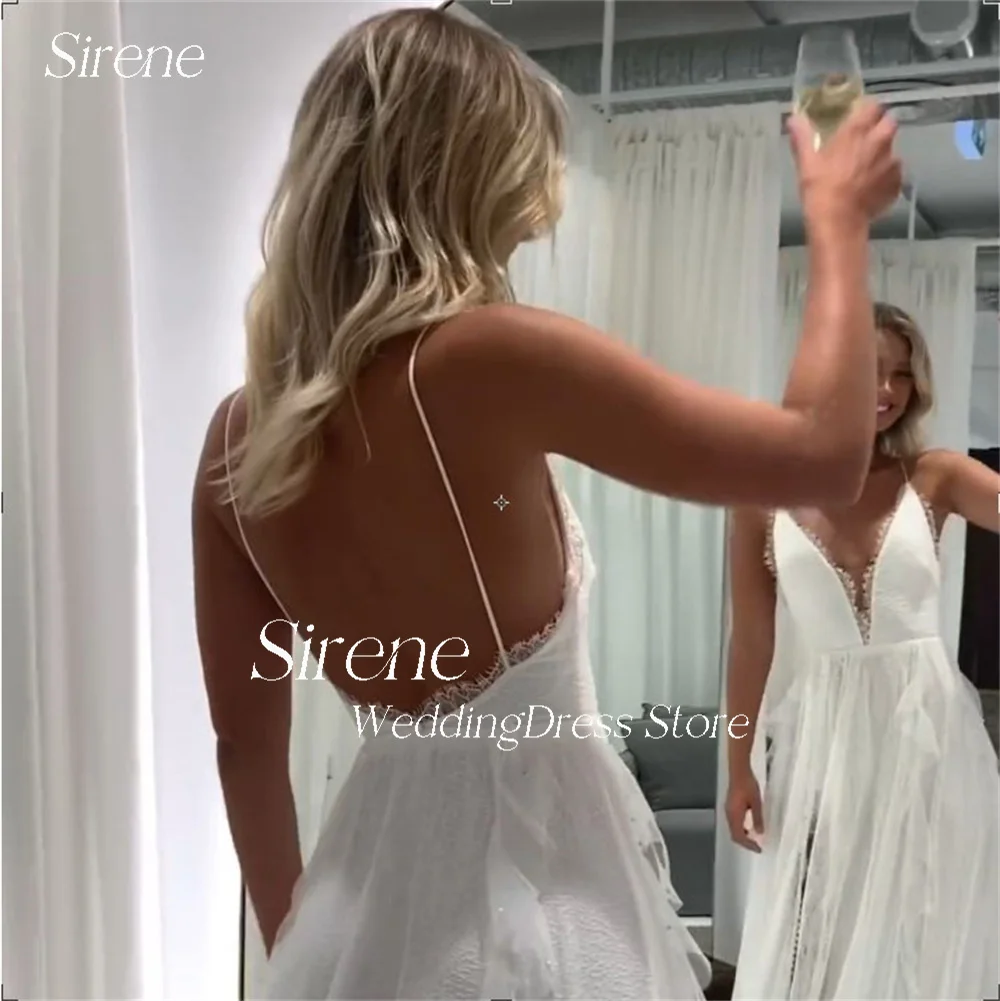 Sirene Lace Sexy High Side Slit Midi Bride Wedding Dresses Low-Cut V-Neck Spaghetti Straps A-Line Boho Bridal Gowns Vestidos