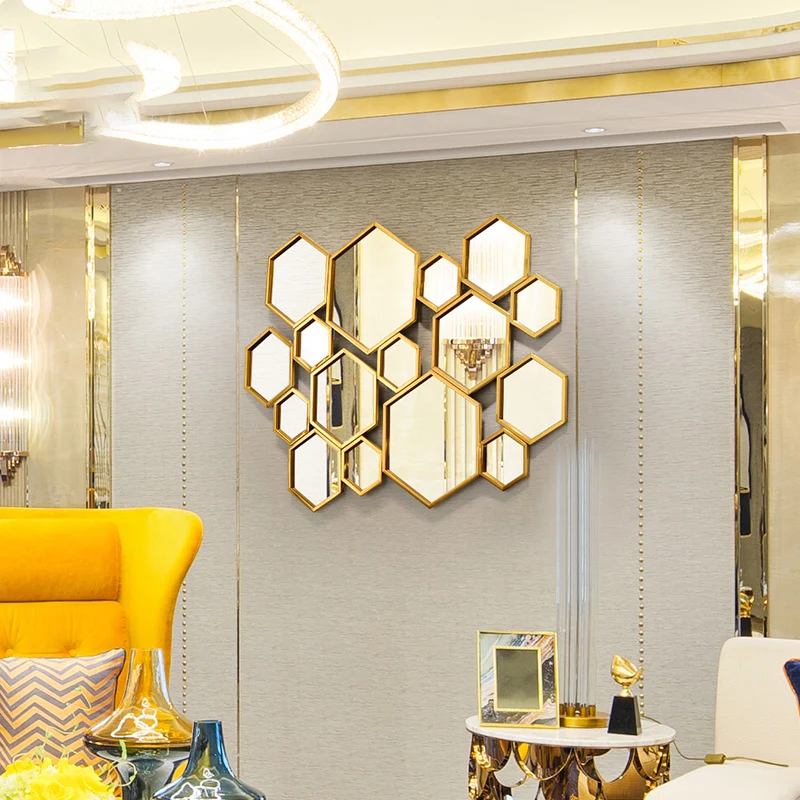 Stickers Pendant Wall Decor Mirror Glass Hexagon Large Living Room Mirror Gold Irregular Aesthetic Decoration Maison Home Decor