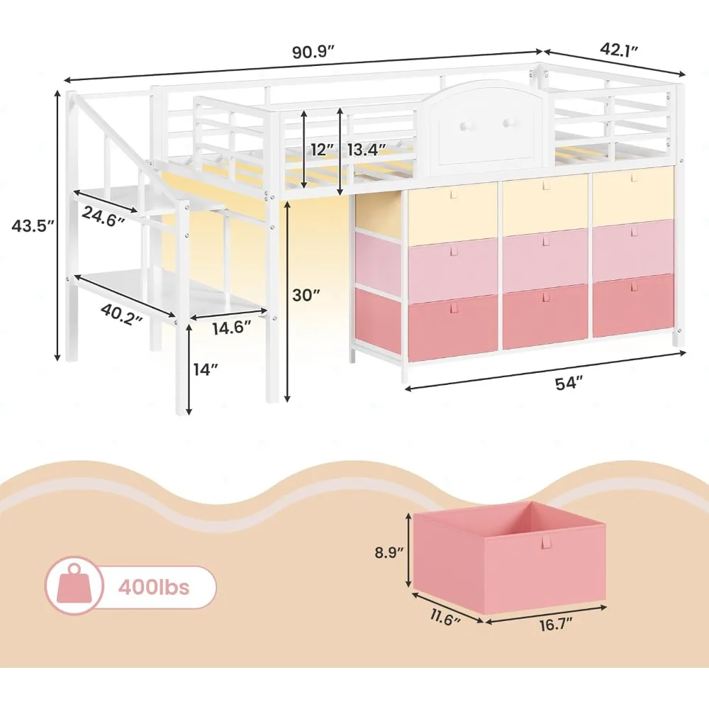 سرير علوي منخفض الحجم مزدوج مع 9 أدراج وأضواء LED وإطار معدني وتخزين الدرج