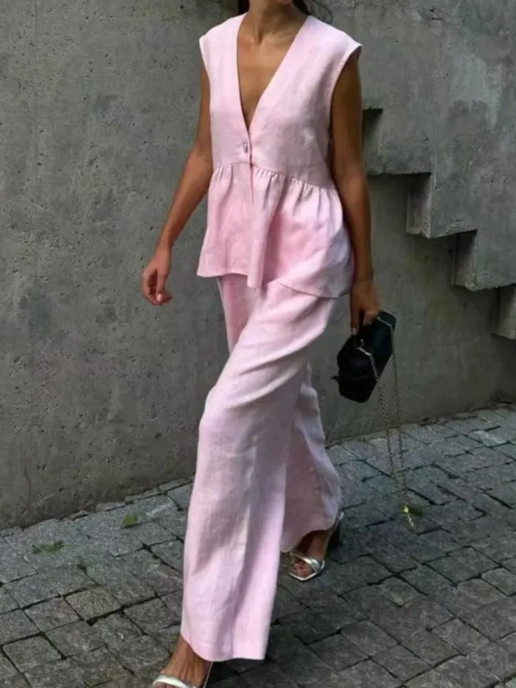 

Elegant Solid 2 Pieces Set For Woman Fashion Sleeveless V Neck Button Ruffles Tops+Wide Leg Pants Sets Lady Office Clothes New
