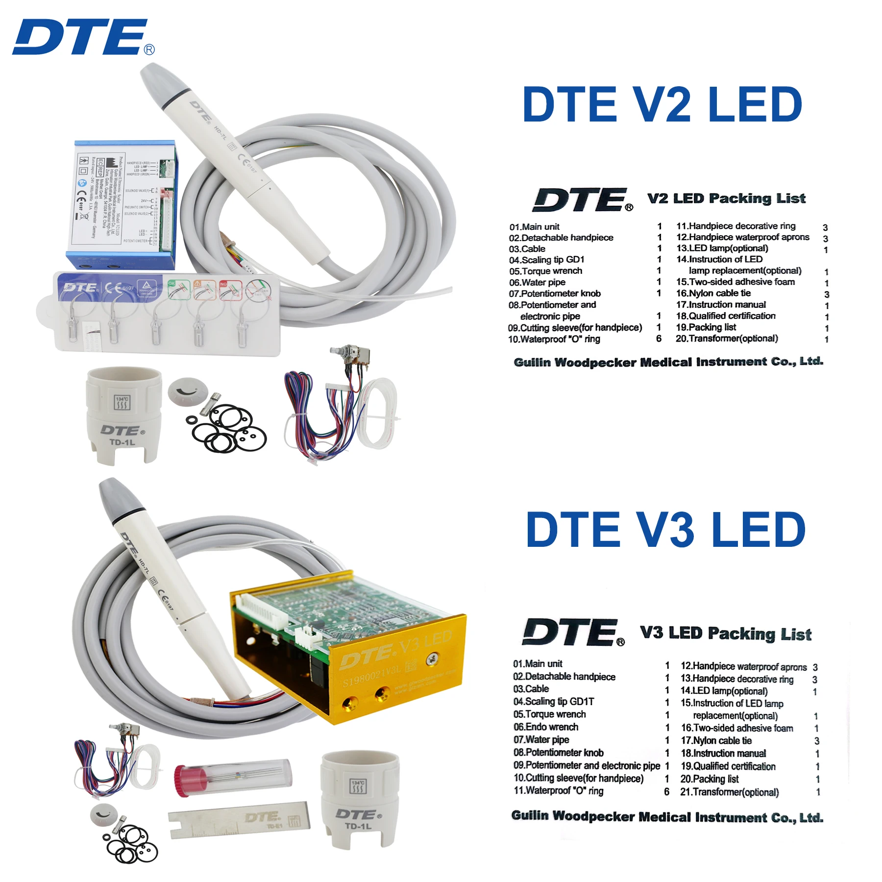 Woodpecker-escalador piezoeléctrico ultrasónico DTE para odontología, Unidad de ultrasonido LED integrada N2/N3 V2/V3, escalador para dentista