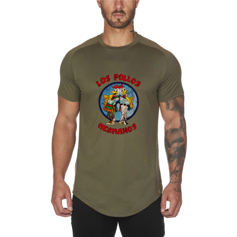 LOS POLLOS Hermanos Funny Printed Summer Mesh Quick Dry Short Sleeve Shirt Gym Fitness Casual Mens Bodybuilding Slim Fit T-shirt