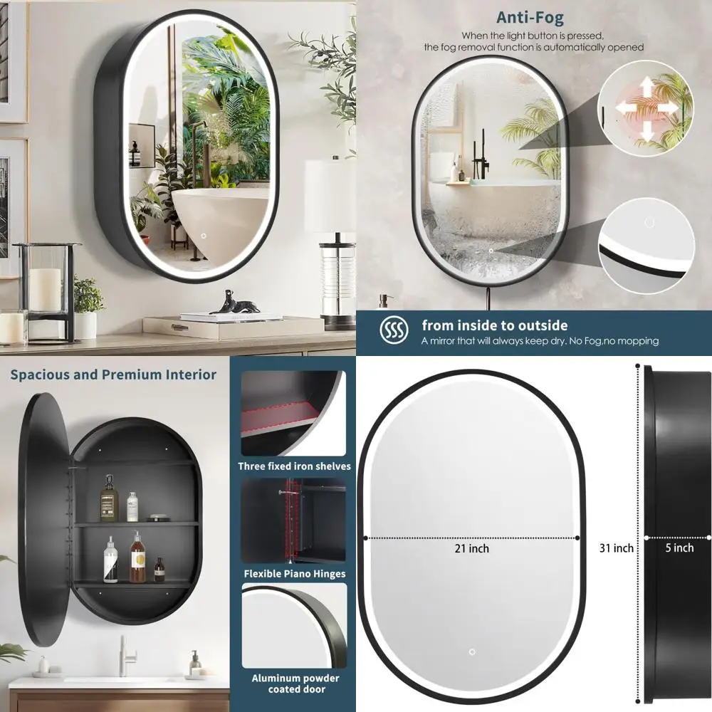 

31 Inch LED Oval Medicine Cabinet with Anti-Fog and 3-Color Light, Wall-Mounted Storage Cabinet