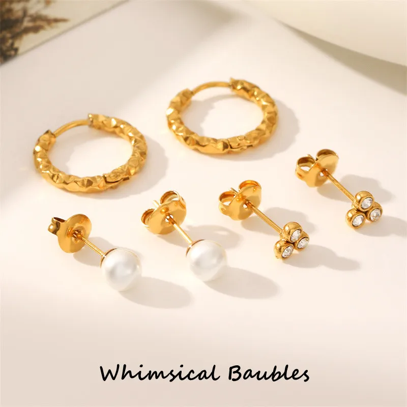 

Exquisite 3 Pair 18K Gold Plated Earring Set Pearl Zircon Hammer Pattern Round Earrings Women's Jewelry Gift for Her