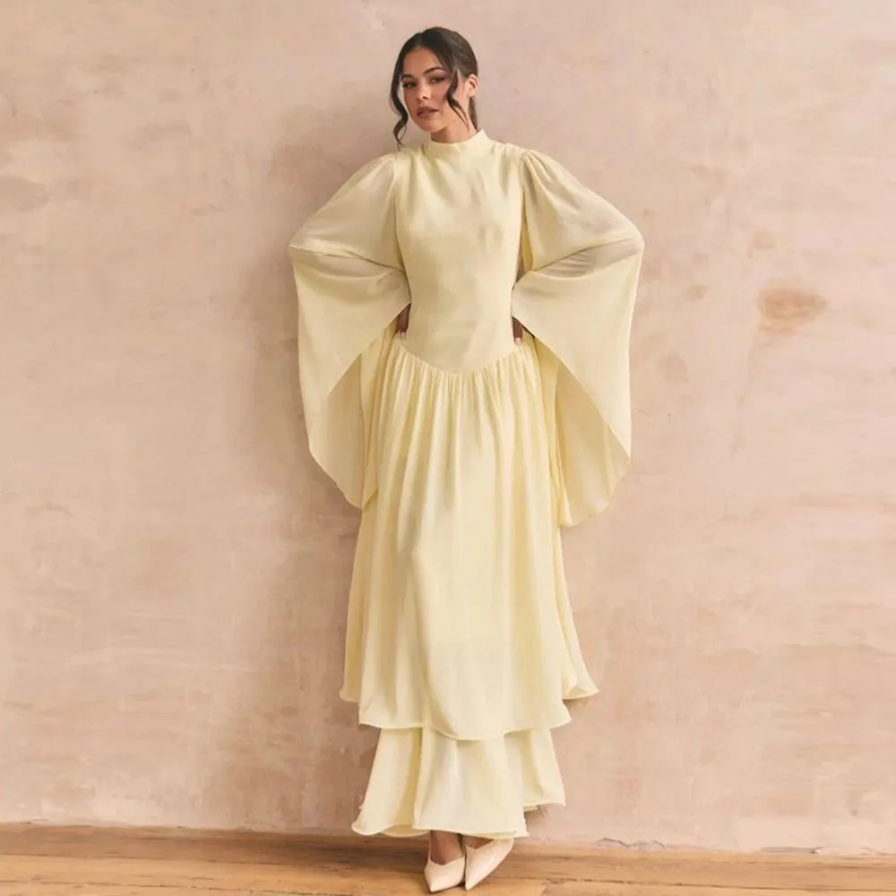 

Yellow Evening Dresses Women High Neck Long Sleeves High Quality Special Customize Female Gowns Floor Length Elegant Tiered
