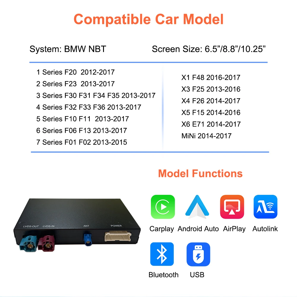 BONROAD OEM Screen Upgrade Decoder Box For BMW NBT System 1-7 Series F20 F23 F30 F10 F01 X1 X2-X6 F48 F25 F15 MiNi (2012-2017) With Wireless Carplay Android Auto Autolink AirPlay