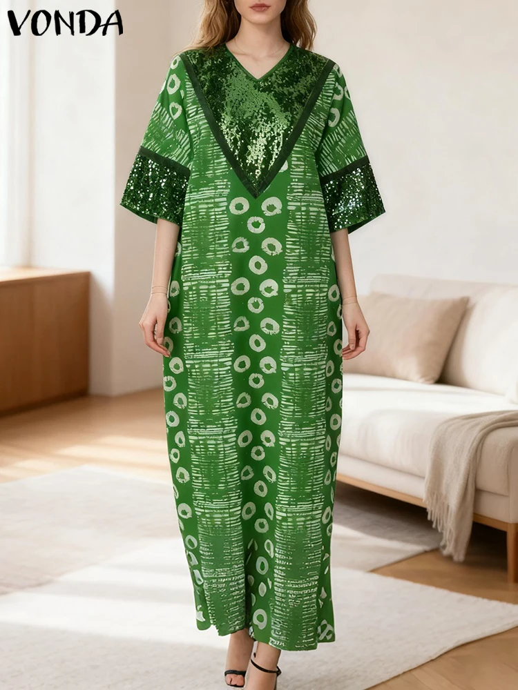 VONDA Plus Size Bohemian Women Long Dress Sequins Patchwork Maxi Vestidos 2025 Casual Printing Vintage Autumn Loose Party Robe