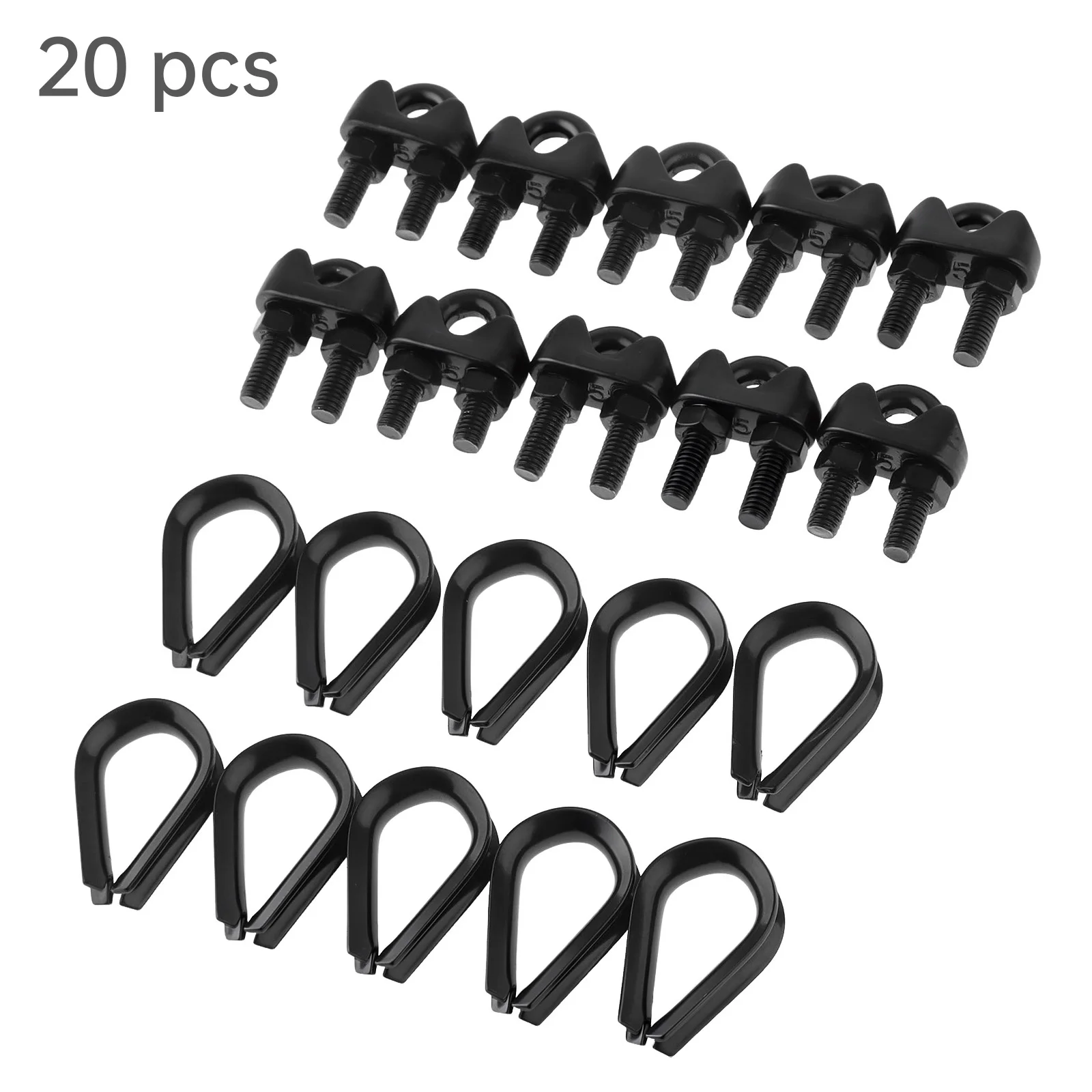 3/16 in (M5) Black Coated Wire Cable Clamps Kit with M5 Thimble for Outdoor String Lights/ Clothes Line