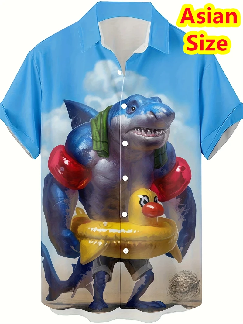 

Hawaiian Funny Animals Smiling Shark Chicken Cat Printing Short Sleeve Shirts For Men Clothes Casual Shirt Vacation Blouses Tops