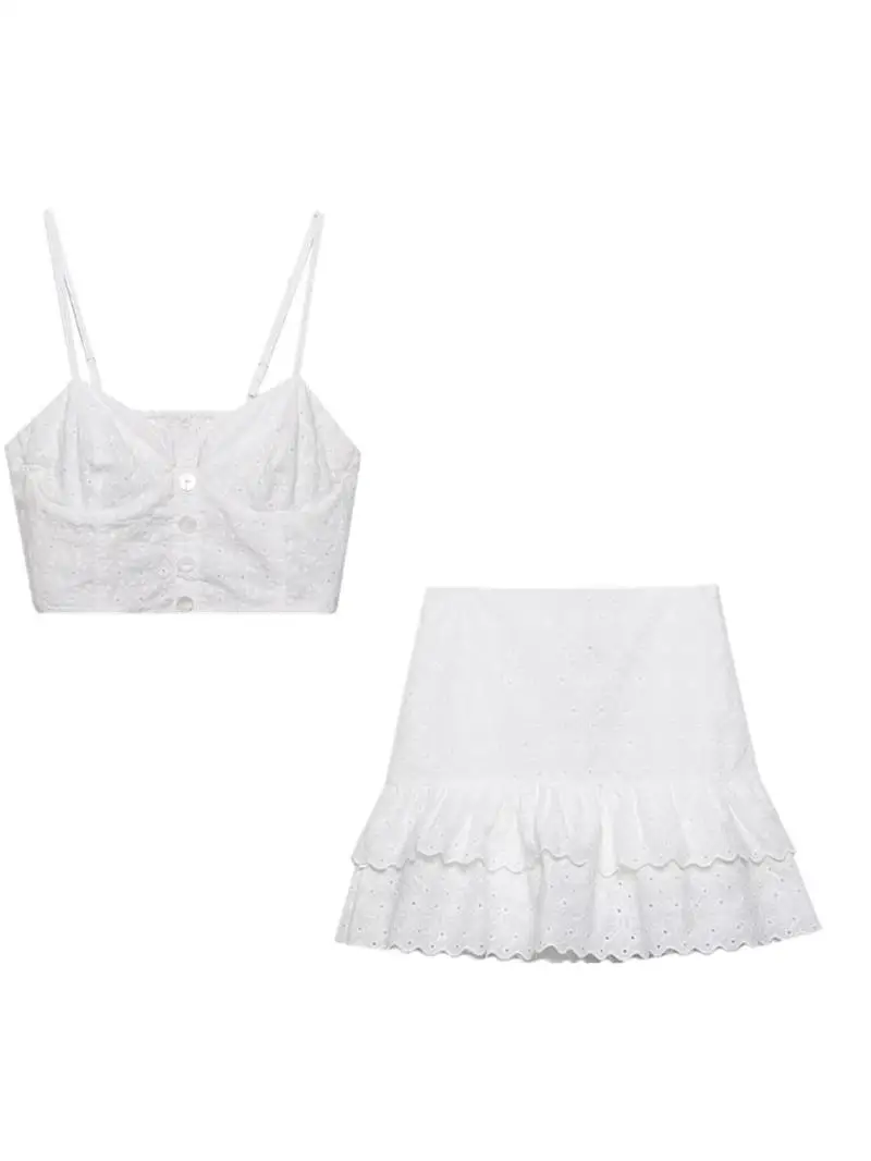 

Embroidered ort High Waist Vest Top Button Bal Skirt Set V Ne Faionable Spring Collection Women's Ensemble