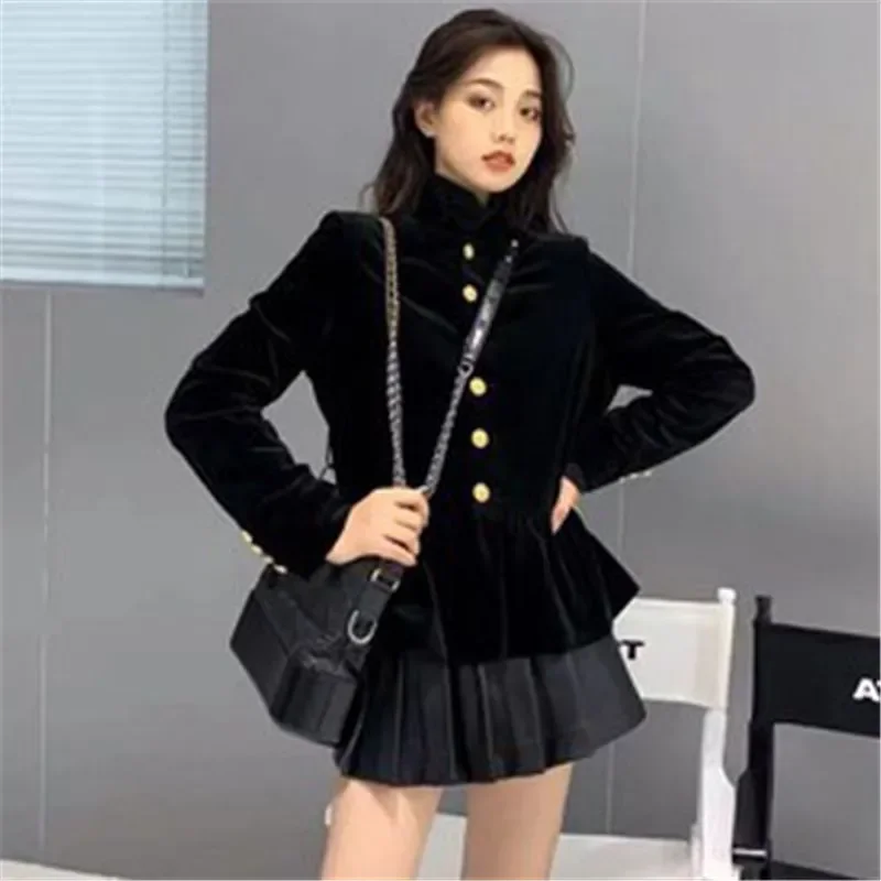 

2024 New Fall Winter Women Full Sleeve Metal Button Short Jacket Single Breasted Velvet Ruched Ruffles Casual Outerwear Coat