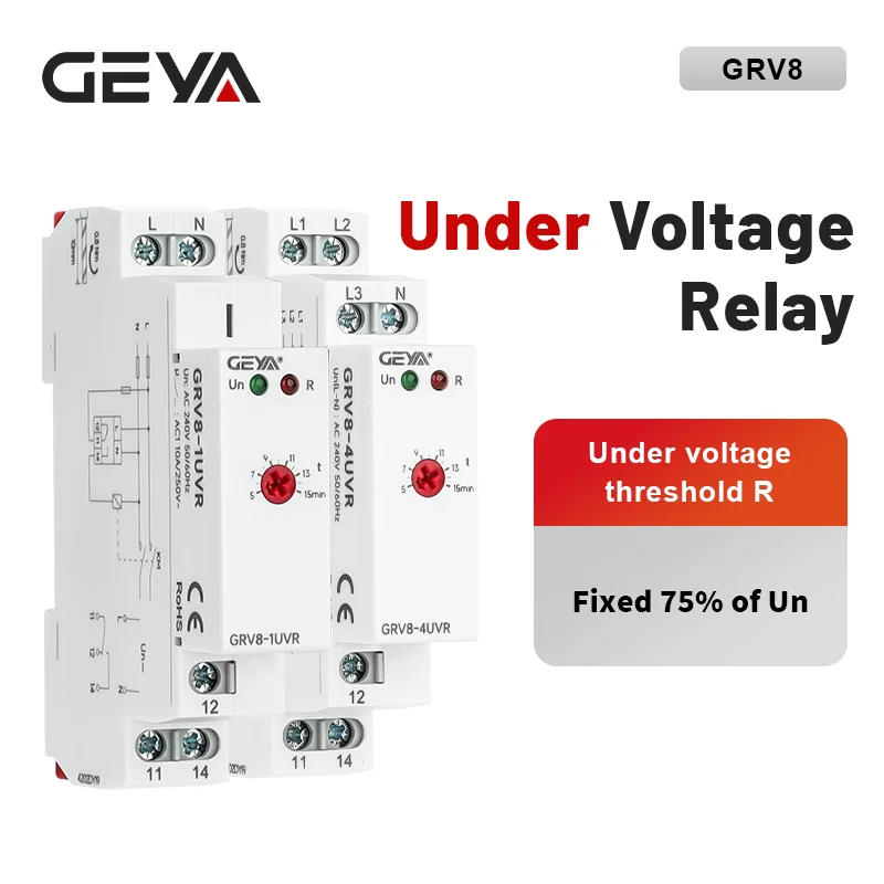 

GEYA GRV8-UV Undervoltage Relay LED 220V-240V Adjustable 1s Trip Delay Motor Protection for Industrial Control Supply Voltage