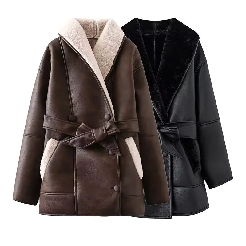 Elegante Abrigo de Cuero Francés para Mujer, Abrigo de Piel de Oveja Bicolor para Viajes Diarios, Ropa Exterior de Lujo en Negro y Marrón