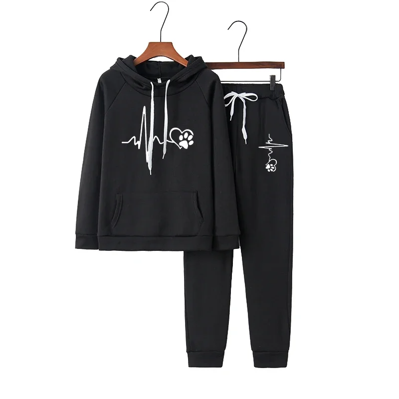 Women Dog Paw Print Tracksuit 2 Pcs Set Pullover Hoodies+Pants Sports Suit Female Sweatshirt Sets Sportswear Suits For Ladies